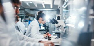 Scientists working in a laboratory with microscopes and test tubes