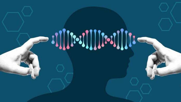 Illustration of a human head with DNA strands and hands reaching towards it