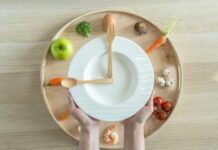 The Ancient Eating Habit That Breeds Longevity Hands holding a white plate surrounded by fresh vegetables and an egg