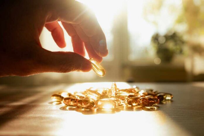 A hand reaching for a golden capsule among many on a table
