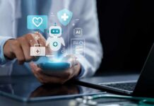 Healthcare professional interacting with a smartphone displaying health-related icons