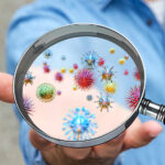 A person holding a magnifying glass showing colorful microorganisms