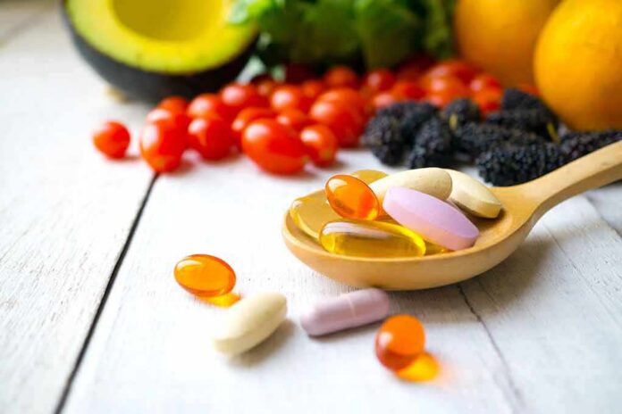 shutterstock_1041373417 Wooden spoon holding assorted vitamin pills beside fresh fruits and vegetables