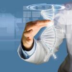 Scientist touching a digital DNA helix