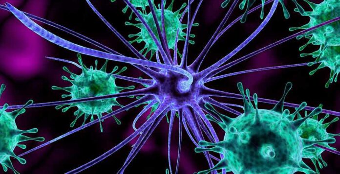 Neuron surrounded by virus-like particles