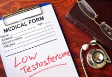 Testosterone Pill’s Mood Twist medical form on clipboard with stethoscope and glasses