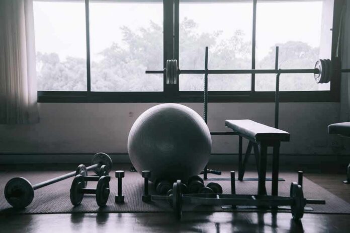 shutterstock_754045984 home gym with weights and exercise ball